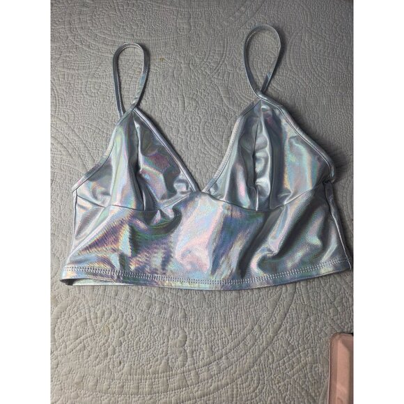 Holographic Silver Crop Top *Tube Bra*Adj Straps*Femboy*Sissy*Cosplay*L*NIP - Picture 10 of 11